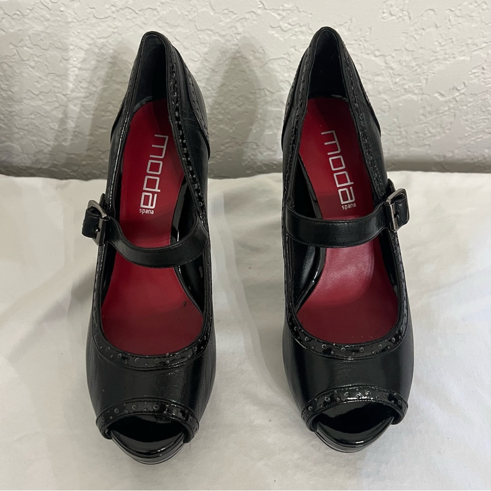 Moda Spana Black Peep Toe Stiletto Leather High Heels 6.5